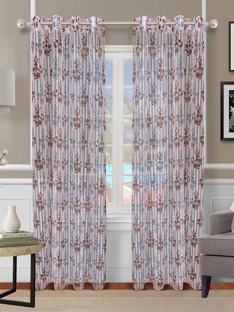 Floral Printed Polyester Door Curtain Set of 2, Brown & Grey